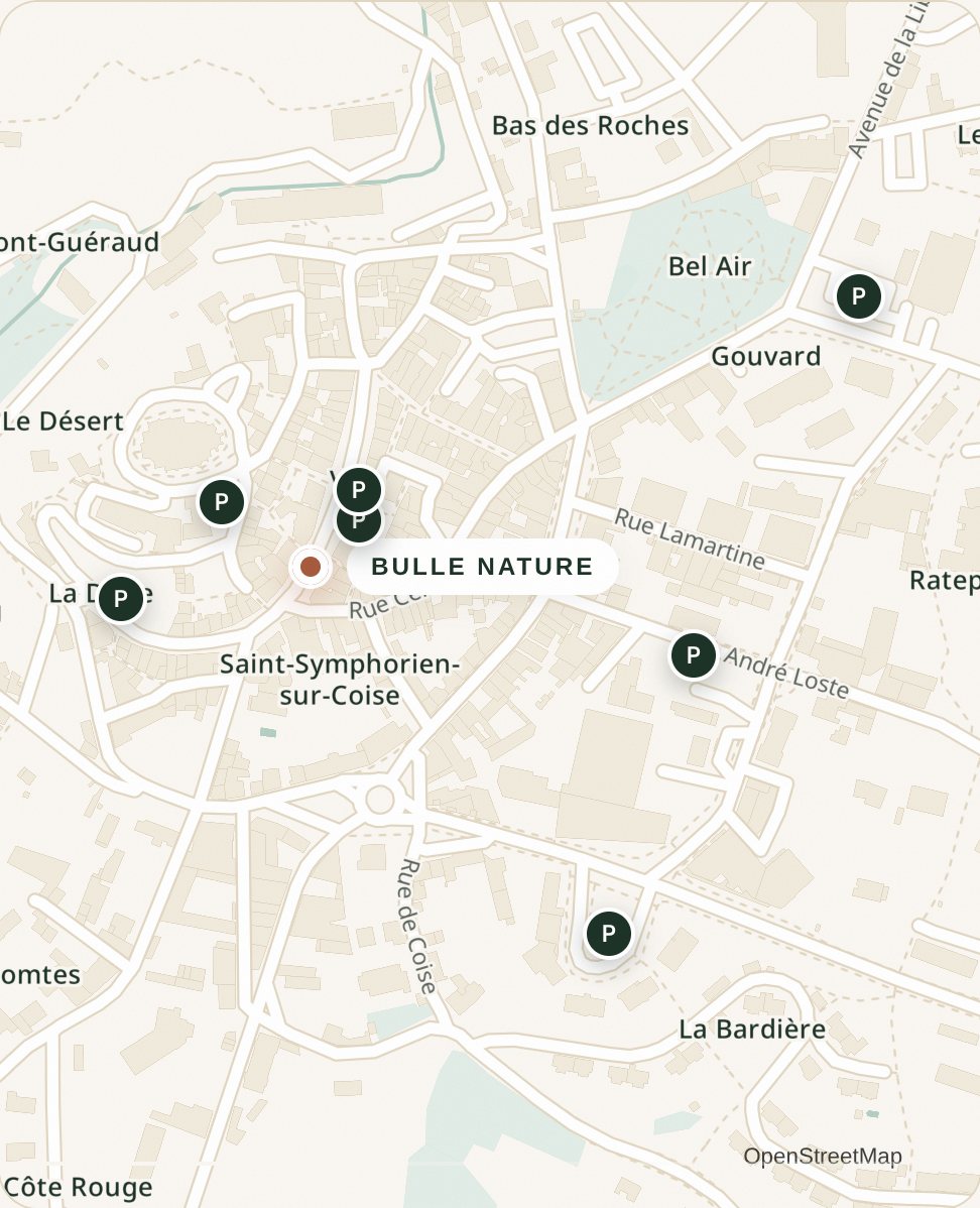 Plan du centre de Saint-Symphorien-sur-Coise : l'institut place du Marché et les sept parkings du bourg